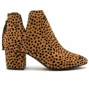NWB Qupid Skipper Camel Black Suede Leopard Print Joann Low Cut Ankle Booties